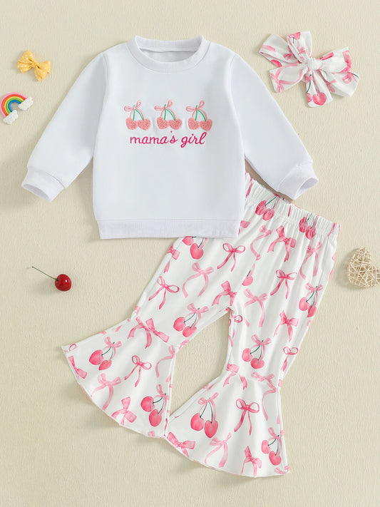 Toddler Girls Adorable Clothing Set with Cherry Embroidery Sweatshirt Bow Print Flared Pants and Matching Headband - 3 Piece