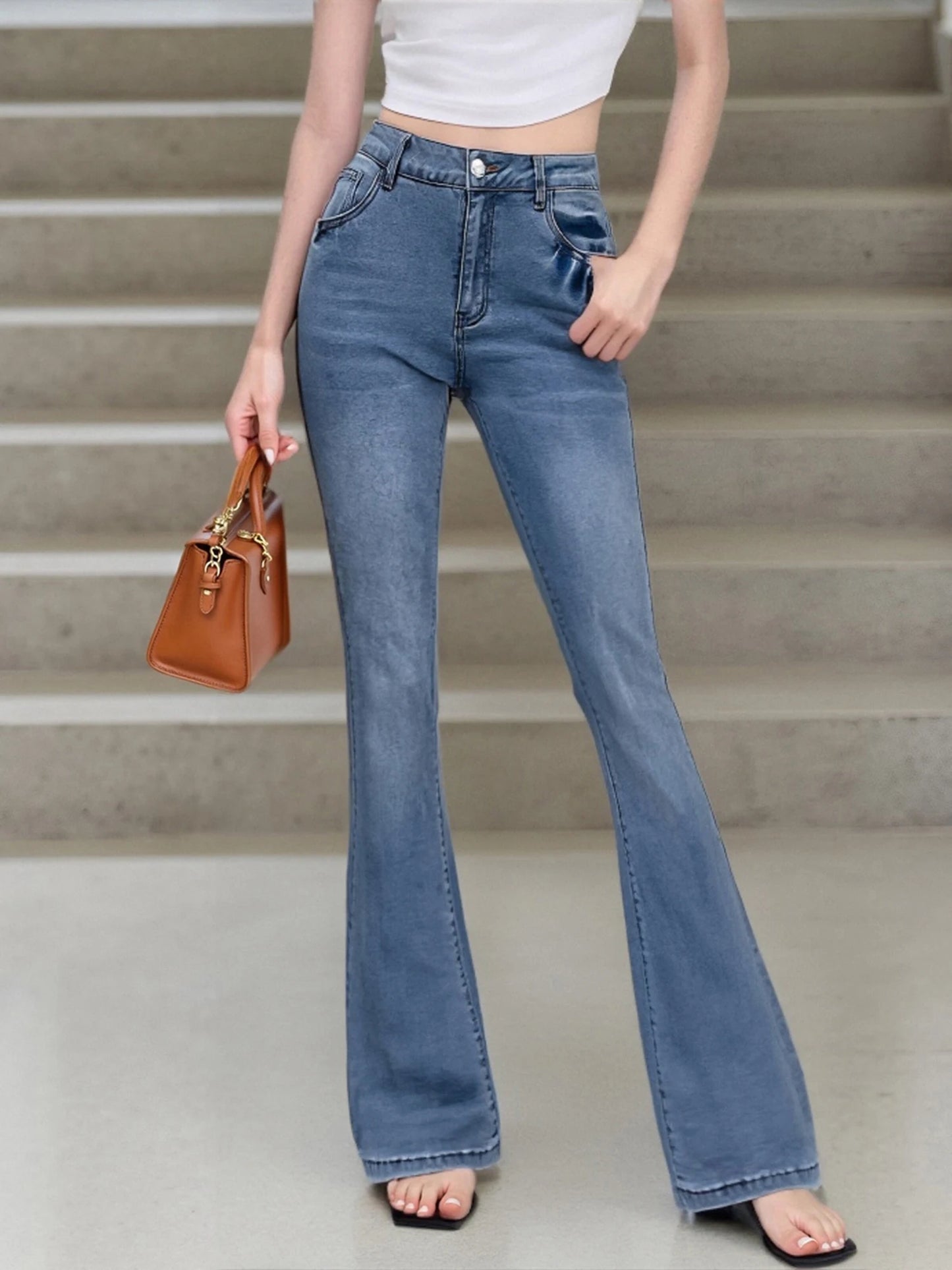 Women s High Waist Flare Jeans with Embroidered Floral Detailing Vintage Bell Bottom Denim Pants Stylish Long Trousers