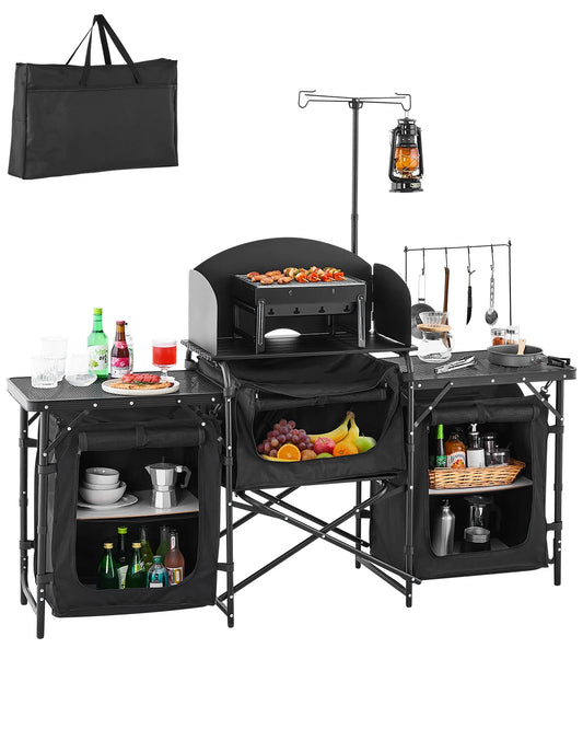 Aluminum Portable Cook Station with 3 Storage Cupboard Carrying Bag Quick Set-up for BBQ Picnic