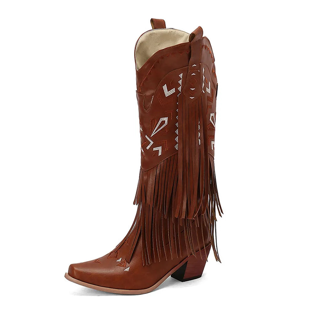 Retro Tassel Embroidered Cowgirl Mid-Calf Women Western Boots Pointed Toe Chunky High Heel