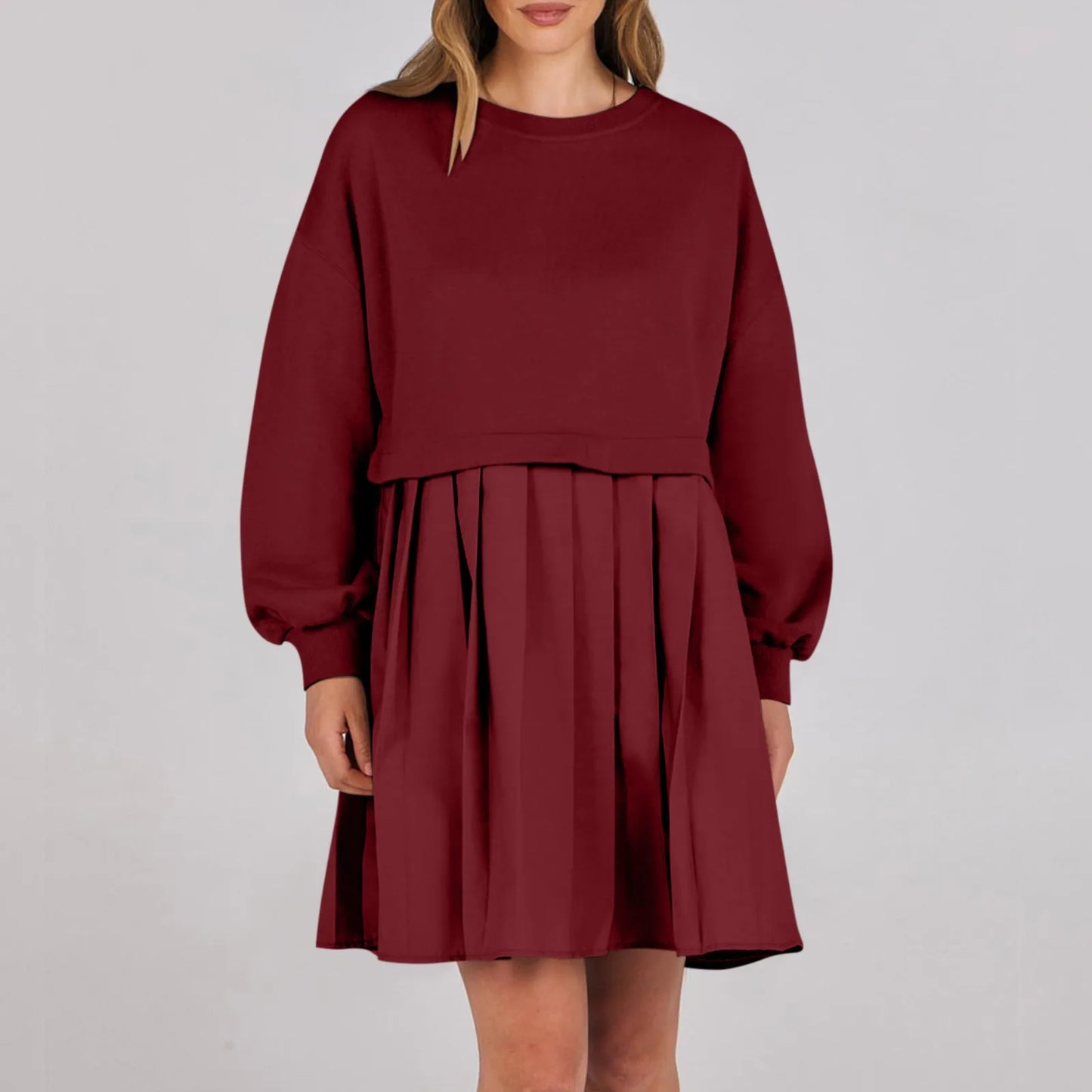 Women Sweatshirt Dress Long Sleeve Crewneck Pullover Loose Fit Tops Pleated Sweatshirts Dresses