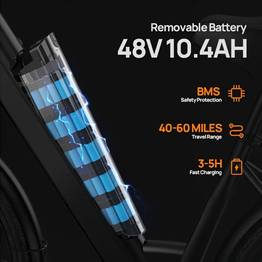 750W E26 Electric Bike for Adults | 48V 10.4Ah Removable Battery, Top Speed 20MPH, 26''X2" Standard Tire, 7-Speeds