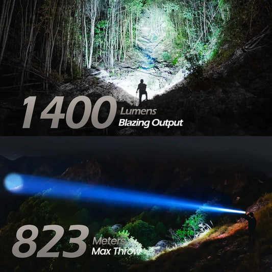 Compact Rechargeable Spotlight with Adjustable Focus, 1400 Lumens Handheld with Stand, 823m Range, 3 Light Modes