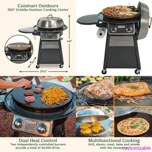 Cuisinart 360-Degree Griddle Outdoor Cooking Center, 22-Inch Round Flat Top Grill with Stainless Steel Vented Cover.