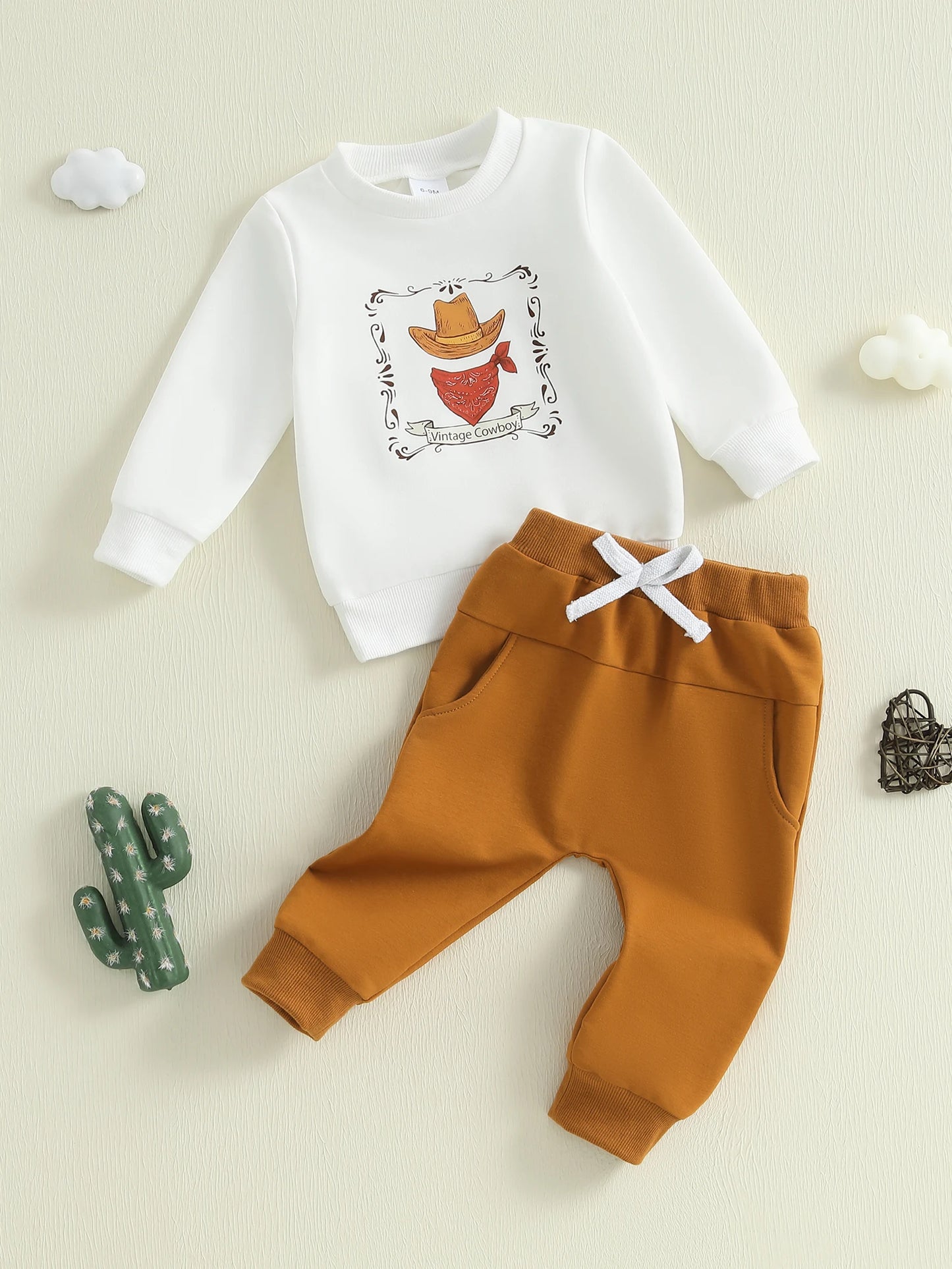 Toddler Cowboy Style Outfit Set with Printed Hat Long Sleeve Sweatshirt and Elastic Pants for Baby Boys - 2 Piece Western