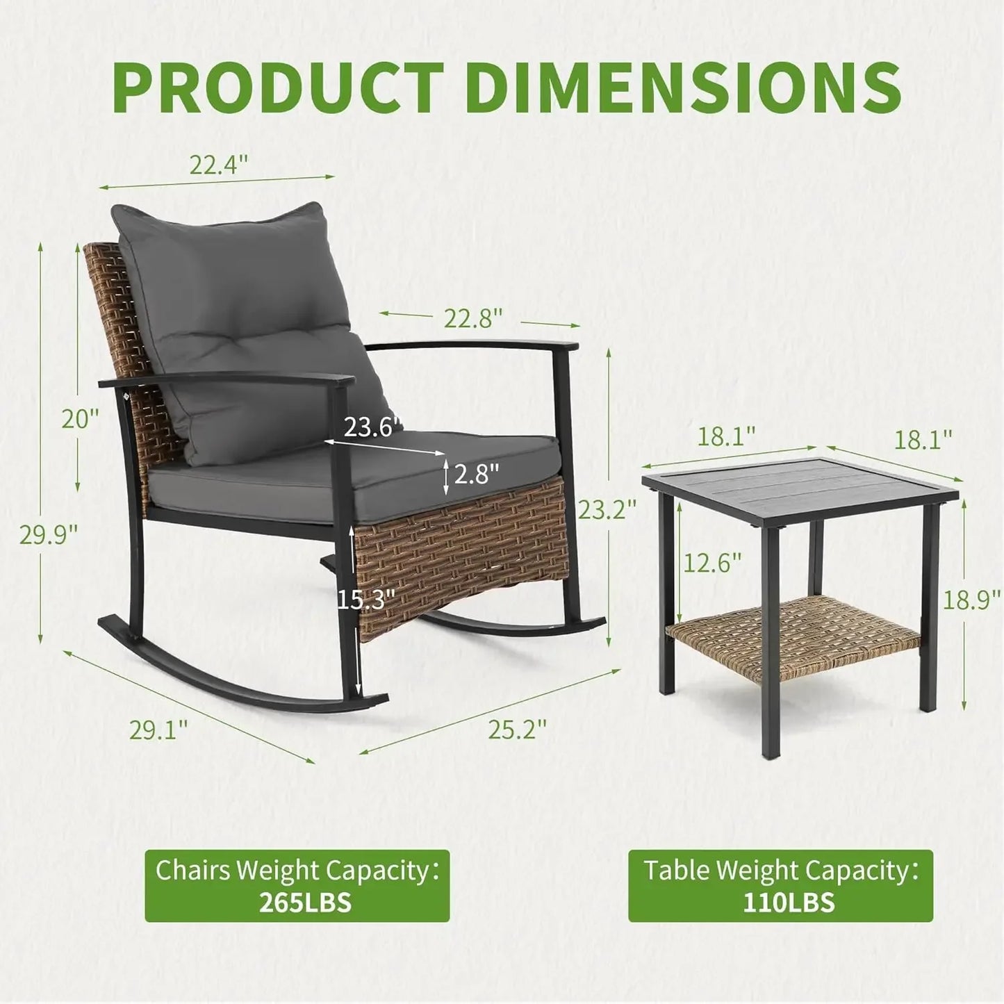 Outdoor Rocking Chair Set with Cushions and 2-Tier Coffee Table, Rattan Wicker 3 Pieces