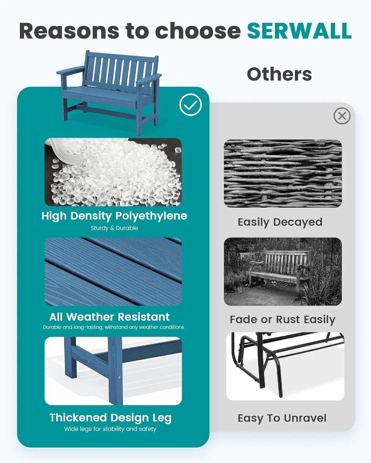 Outdoor Bench, Weatherproof, 2-Person Garden Bench with 660 lbs Weight Capacit