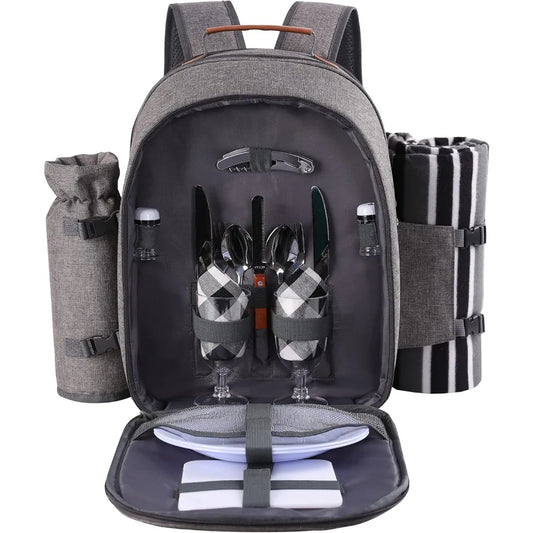Picnic Backpack Set for 2 Person with Cooler Compartment, Detachable Bottle/Wine Holder, Fleece Blanket, Plates
