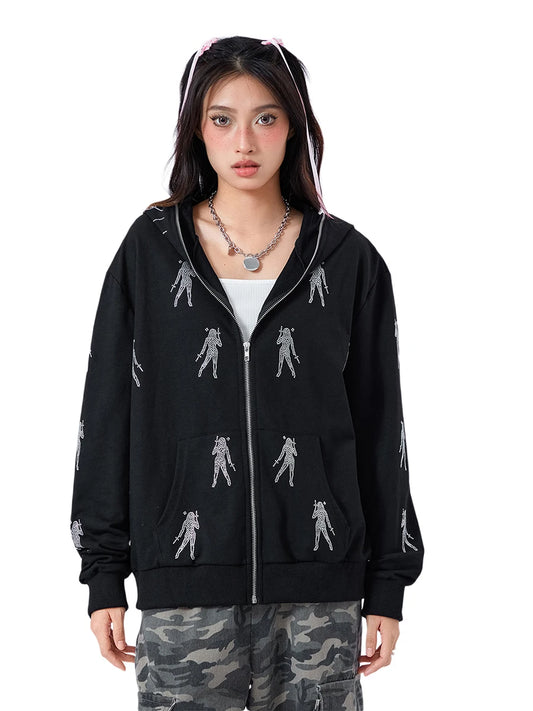 Women s Hoodie Coat Rhinestone Print Long Sleeve Zipper Sweatshirt