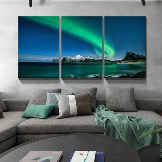 3 piece canvas mural print - Aurora Snow Mountain landscape, modern home decor,1.5 inch thick wood frame