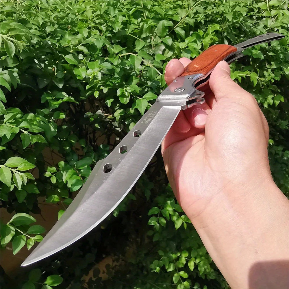 10.63" Folding Knife with 5.71" 7CR13MOV Steel Blade, Red Sandalwood and Steel Handle, Outdoor Hunting and Camping