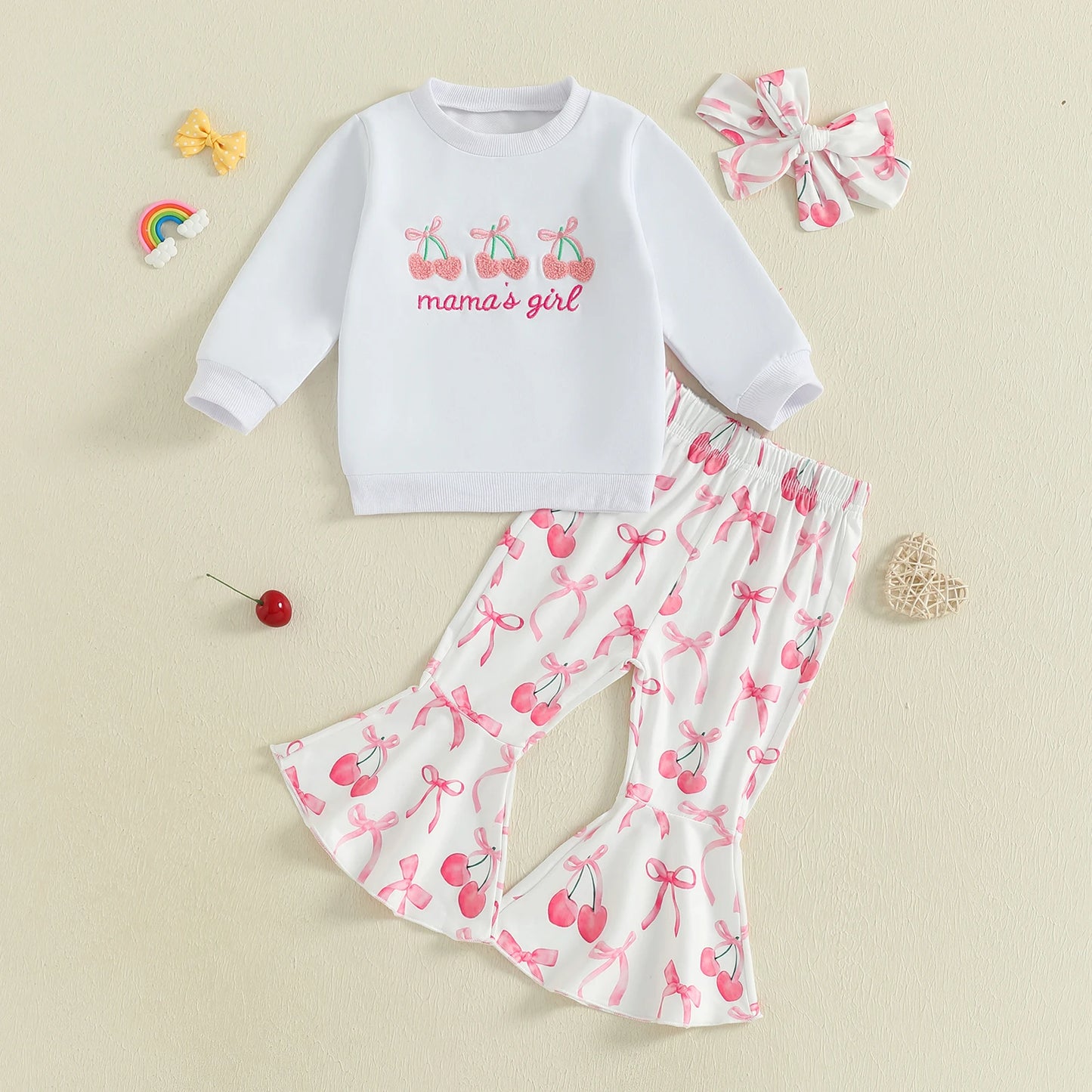 Toddler Girls Adorable Clothing Set with Cherry Embroidery Sweatshirt Bow Print Flared Pants and Matching Headband - 3 Piece