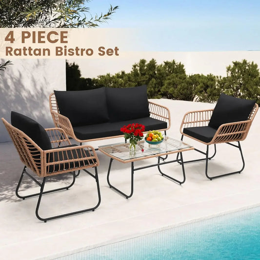 4 Piece Patio Outdoor Furniture Set, Wicker Sofa, 2 Rattan Chairs, and Table All Weather