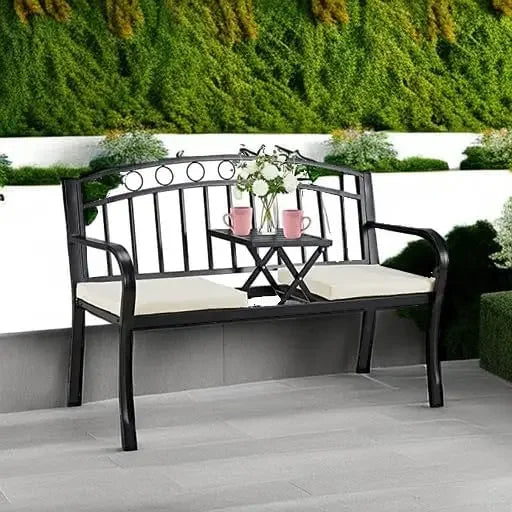 Outdoor Metal Garden Bench, 2-Seat with Steel Frame, w/Pullout Middle Table& Cushion