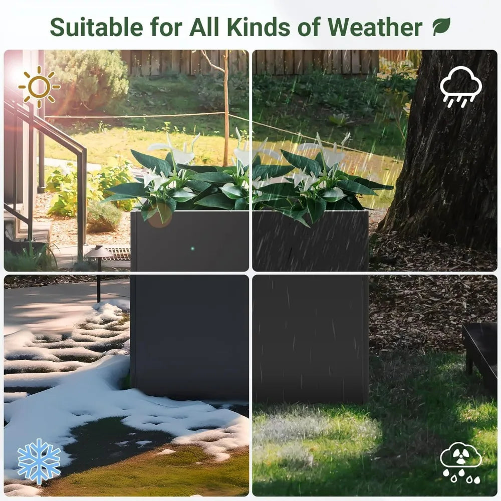 -Sturdy Tall Black Metal Planter Box, 36 x 12 x 26 with Removable Shelf for Outdoor Spaces