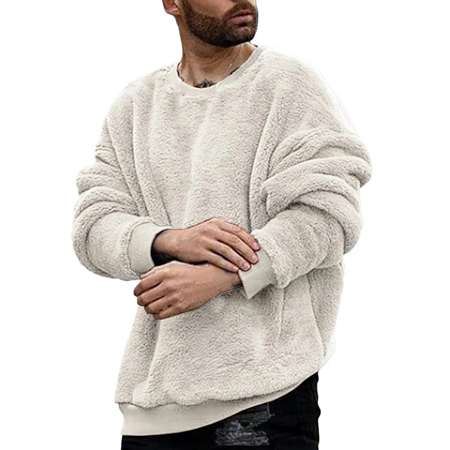 Men’s Sweatshirt Long Sleeve Crew Neck Furry Casual Pullover Hoodie Warm Streetwear