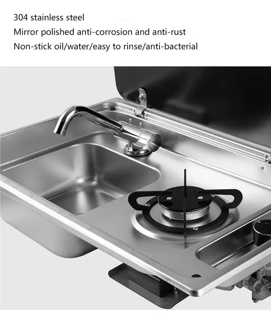 Integrated Gas Stove Sink Combination, Stainless Steel With Cover, Gas Camping Stove Burner