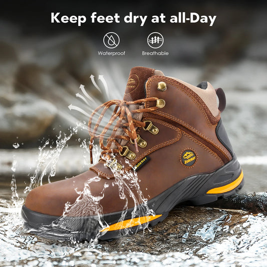 Hike Boots for Men, Soft Toe, Slip Resistant Safety Shoes, Waterproof Anti-Fatigue Brown