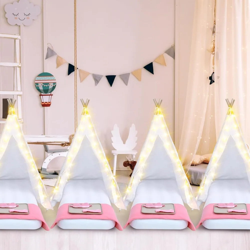 4 Pack Kids Teepee Tent Bulk with Light and Inflatable Airbed, Natural Cotton Washable