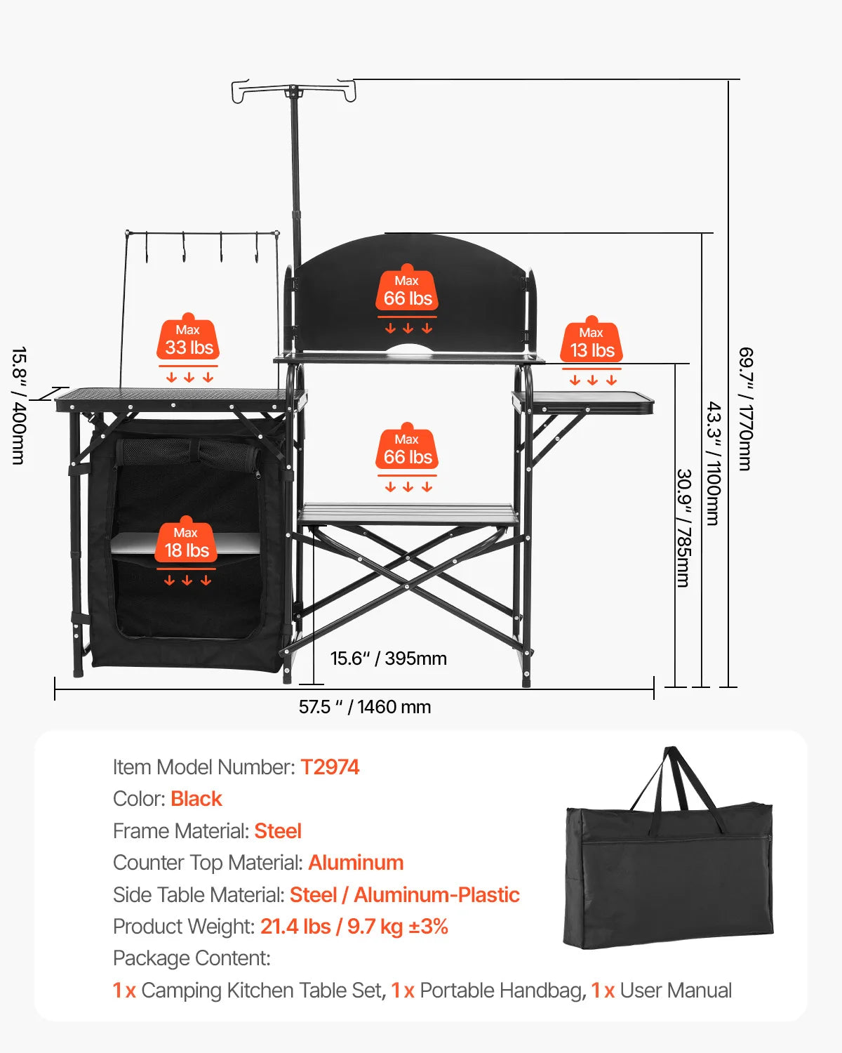 Kitchen Table Folding Aluminum Portable Cook Station with Cupboard, Carrying Bag Windscreen