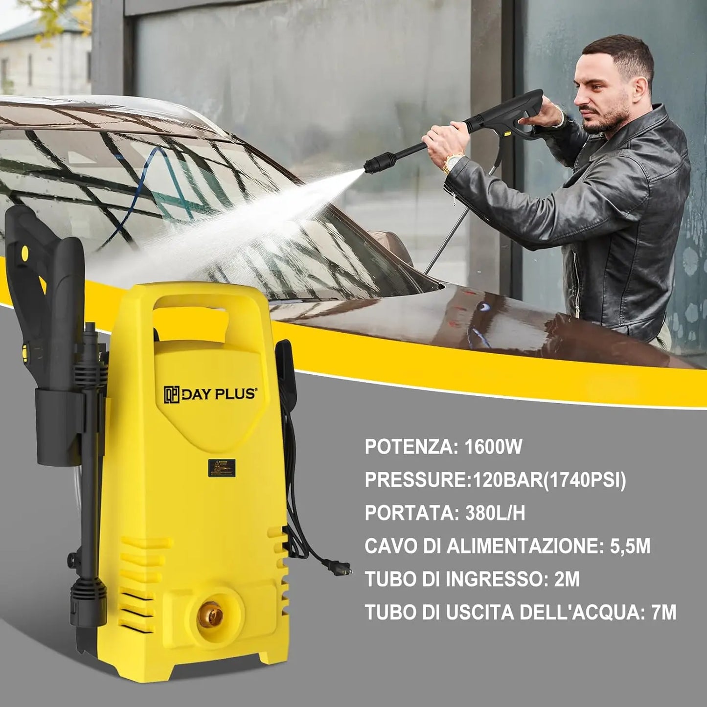 Electric High Pressure Washer 1600W,Adjustable Lance from 0 to 180°,7m Flexible Hose.