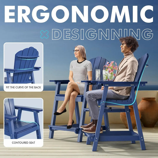 Tall Chair Set of 2 with Double Connecting Tray, Wood Grain, Weather Resistant