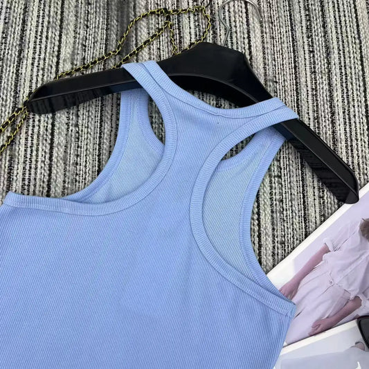 Women's Sport Blue Stretch Cotton Tank Top Moisture-Wicking Quick Dry High Elastic Gym Yoga Running Casual Athletic S-L
