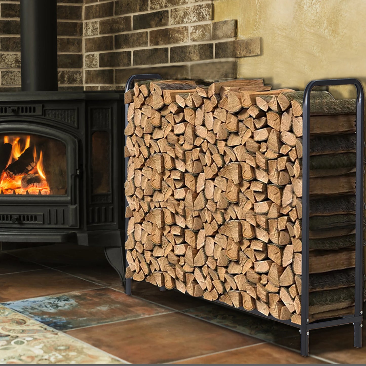 48" Large Metal Indoor Outdoor Fire Wood Log Rack With Cover, Waterproof Firewood Storage, Heavy Duty for Home and Outdoors
