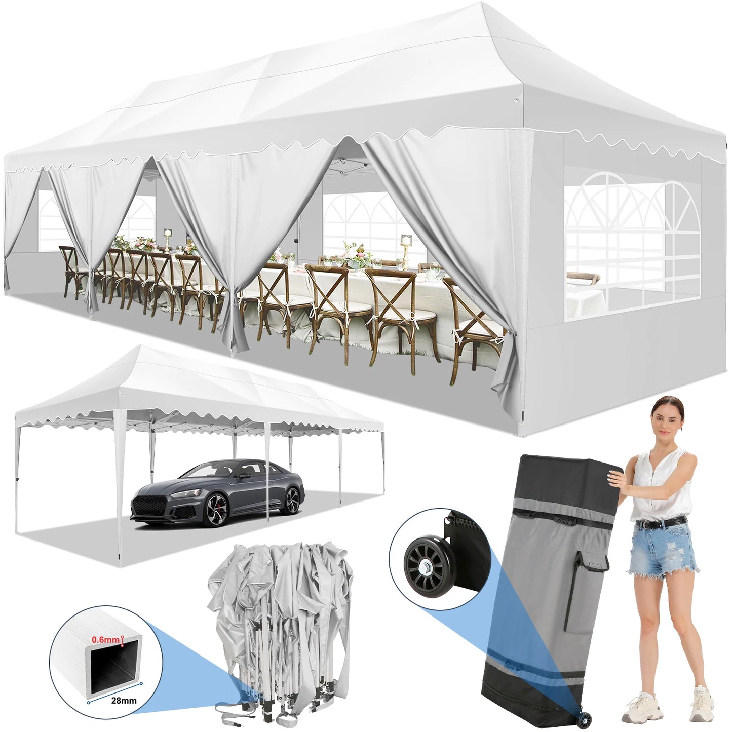 10x30ft Event Canopy with Removable Walls, Premium Pop Up Tent with Reinforced Frame & Waterproof Cover
