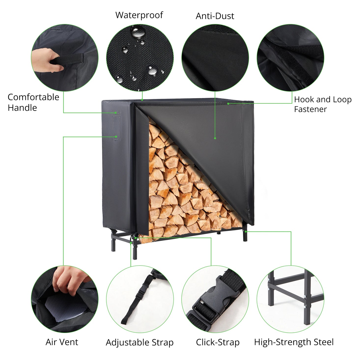 48" Large Metal Indoor Outdoor Fire Wood Log Rack With Cover, Waterproof Firewood Storage, Heavy Duty for Home and Outdoors