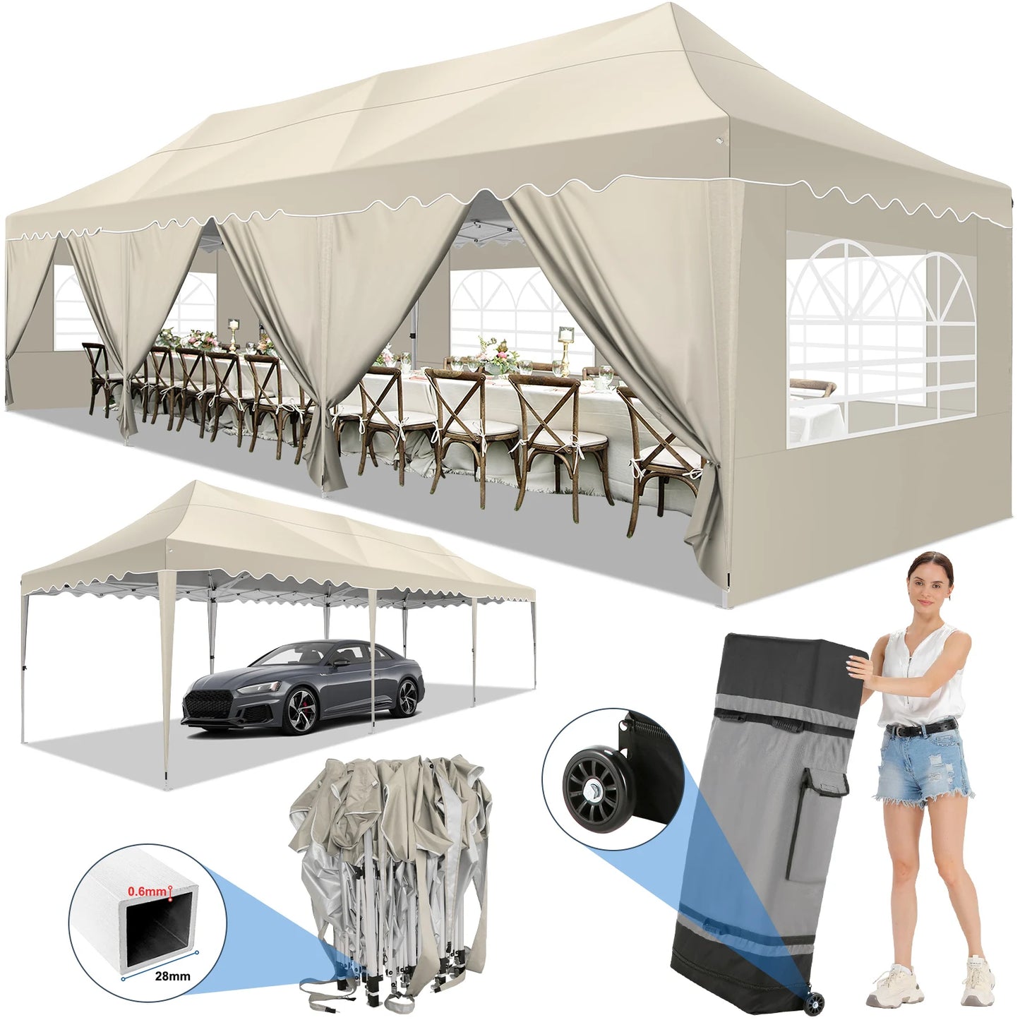 10x30ft Event Canopy with Removable Walls, Premium Pop Up Tent with Reinforced Frame & Waterproof Cover