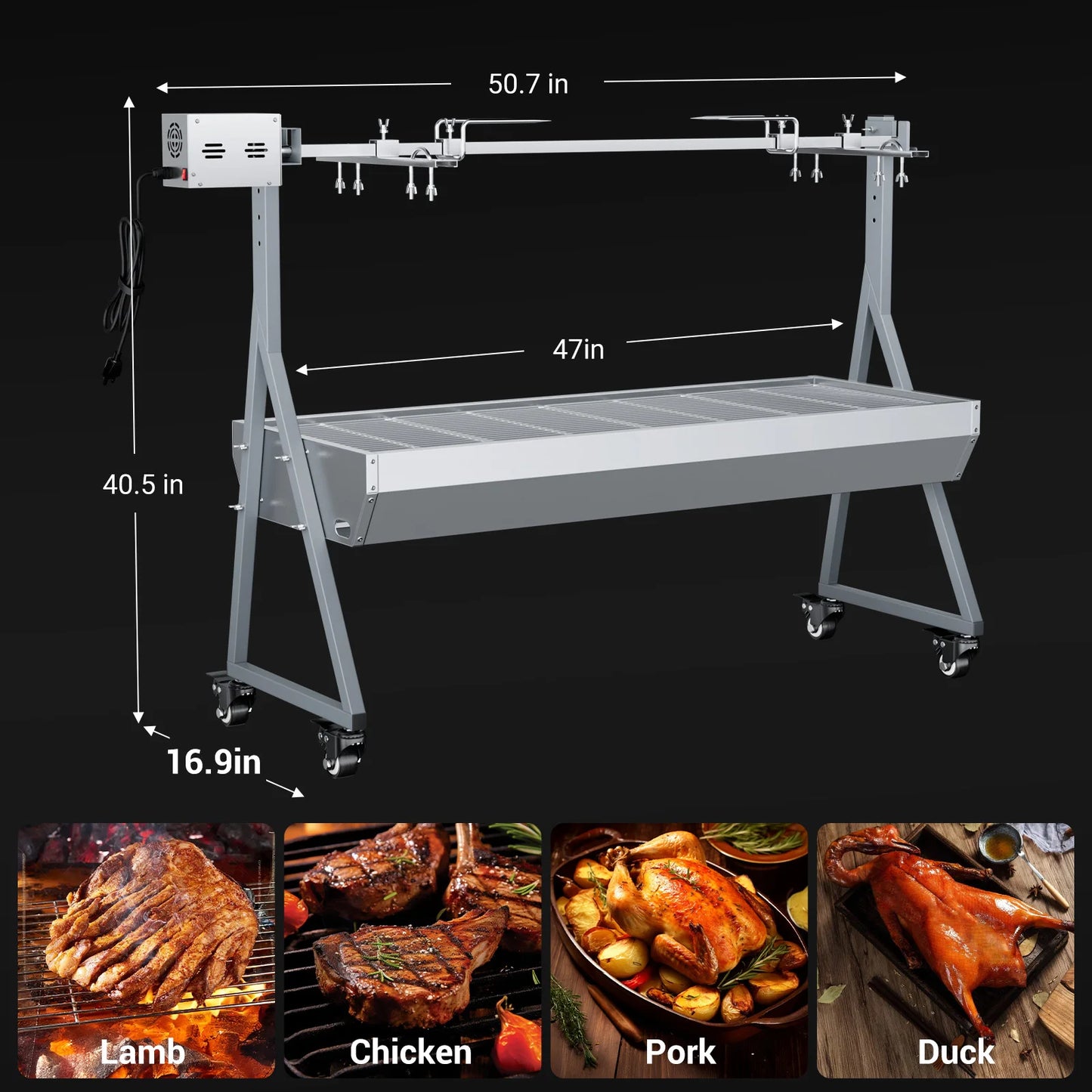 Camping Rotisserie Grill 176LBS Capacity 25W Motor Small BBQ Charcoal Roaster