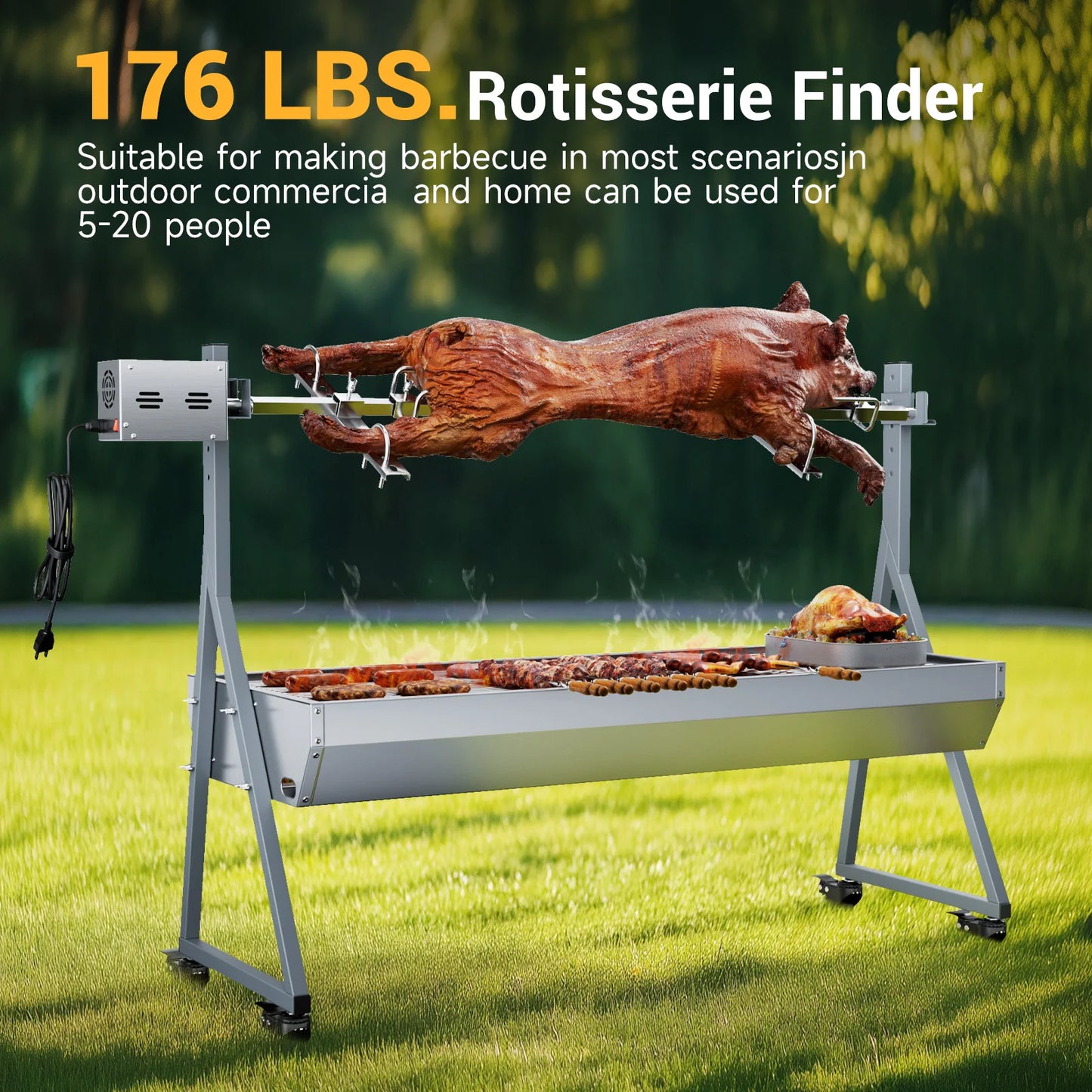 Camping Rotisserie Grill 176LBS Capacity 25W Motor Small BBQ Charcoal Roaster