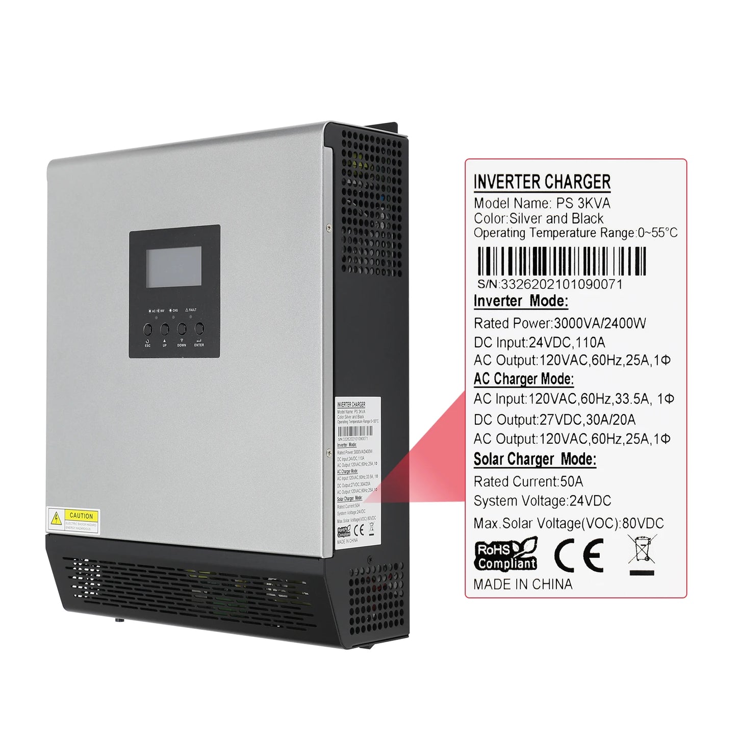 2400W Hybrid Solar Inverter 24V 110V Off Grid with PWM 50A Solar Charge Controller