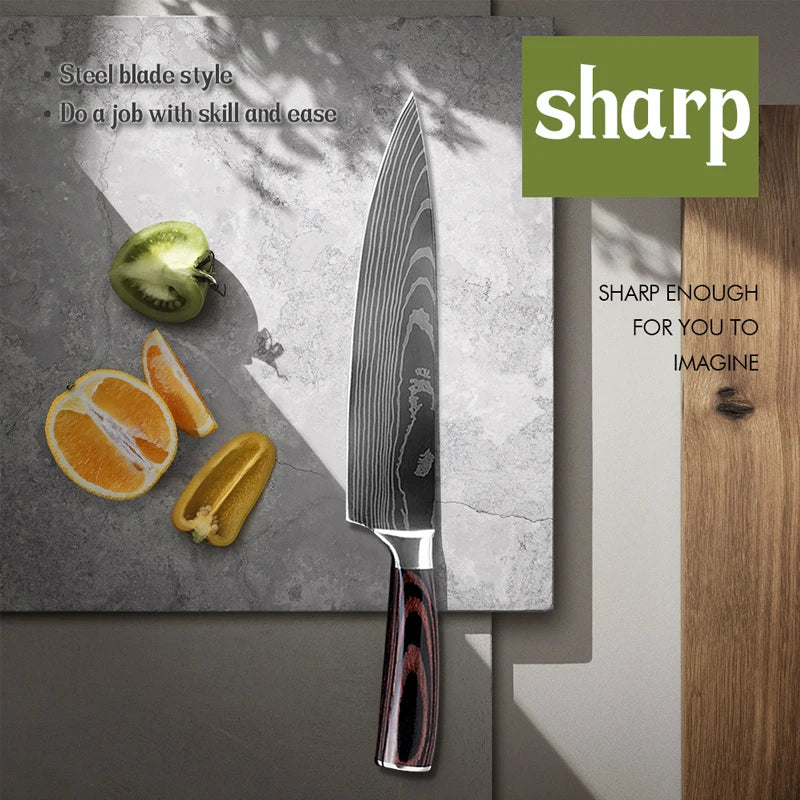 Kitchen Knives Set Laser Damascus Pattern Chef Knife Sharp Cleaver Slicing Utility Knives Tools