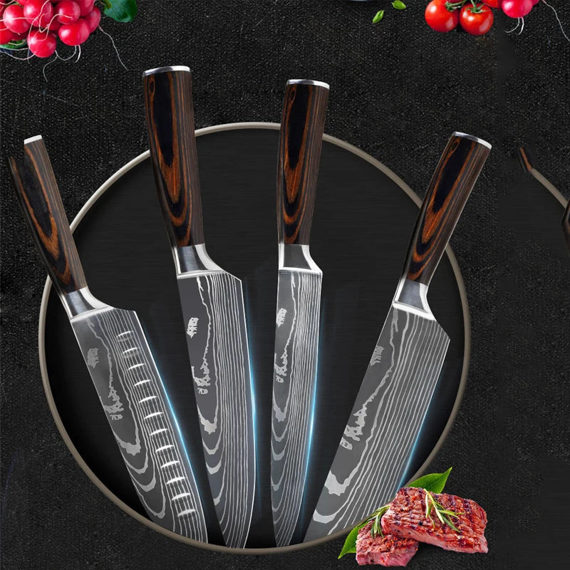 Kitchen Knives Set Laser Damascus Pattern Chef Knife Sharp Cleaver Slicing Utility Knives Tools