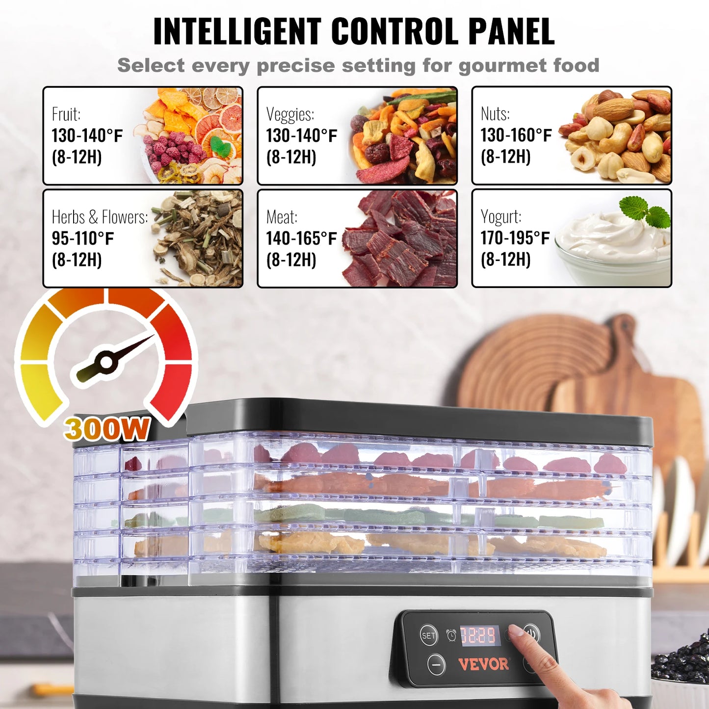 5 Tray Food Dehydrator Stainless Steel Electric Food Dryer w/ Digital Adjustable Timer & Temperature
