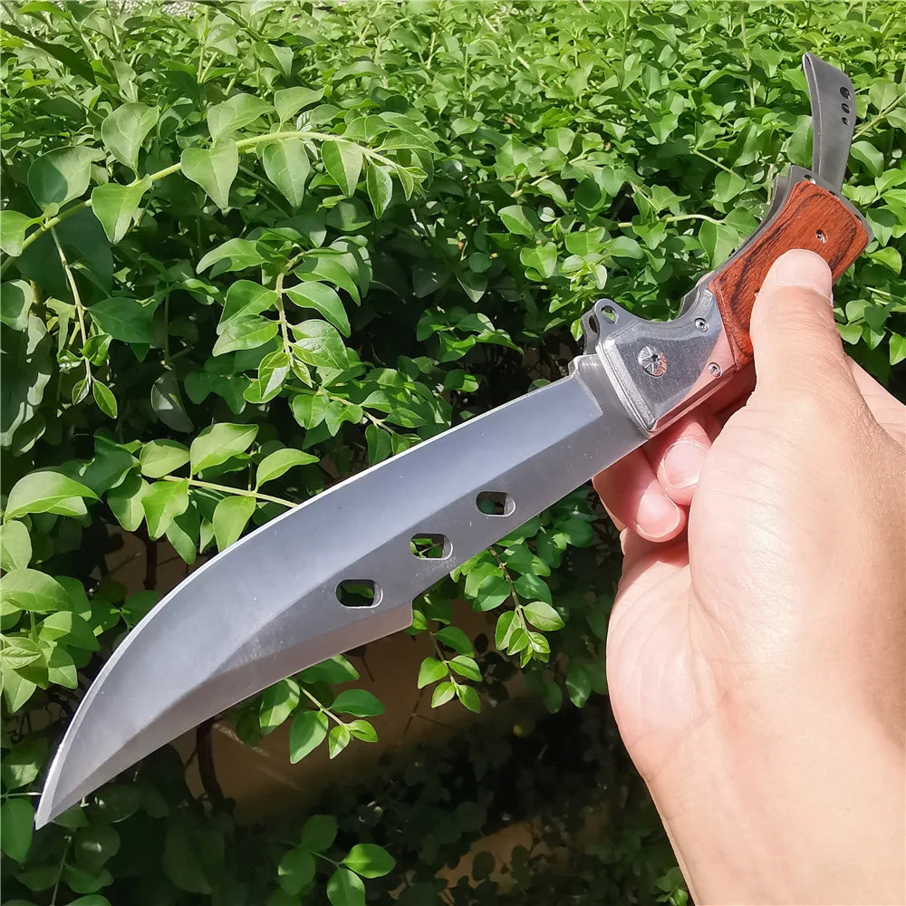 10.63" Folding Knife with 5.71" 7CR13MOV Steel Blade, Red Sandalwood and Steel Handle, Outdoor Hunting and Camping