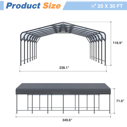 20x20/20x30/20x40FT Metal Carport with Enhanced Base Outdoor Heavy Duty Galvanized Car Shelter