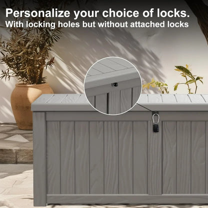 120 Gallon Resin Deck Storage Box with Lockable Feature for Outdoor Pool Accessories, and Garden Tools