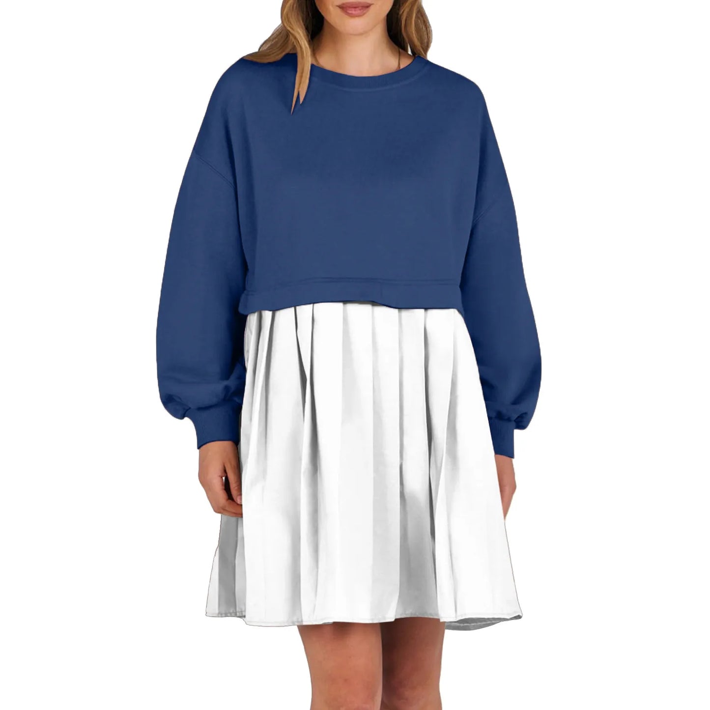Women Sweatshirt Dress Long Sleeve Crewneck Pullover Loose Fit Tops Pleated Sweatshirts Dresses