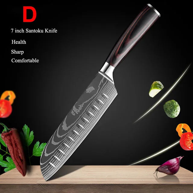 Kitchen Knives Set Laser Damascus Pattern Chef Knife Sharp Cleaver Slicing Utility Knives Tools