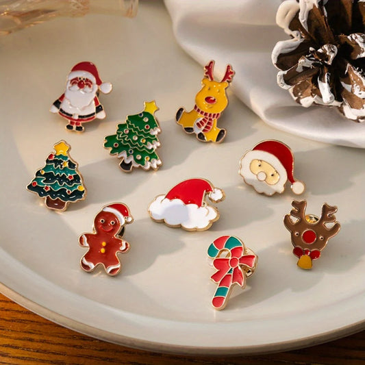 9pcs Christmas Reindeer Brooch, Cute Snowman Santa Claus Enamel Pin, Metal Badge Backpack Clothing Accessories Christmas Gifts