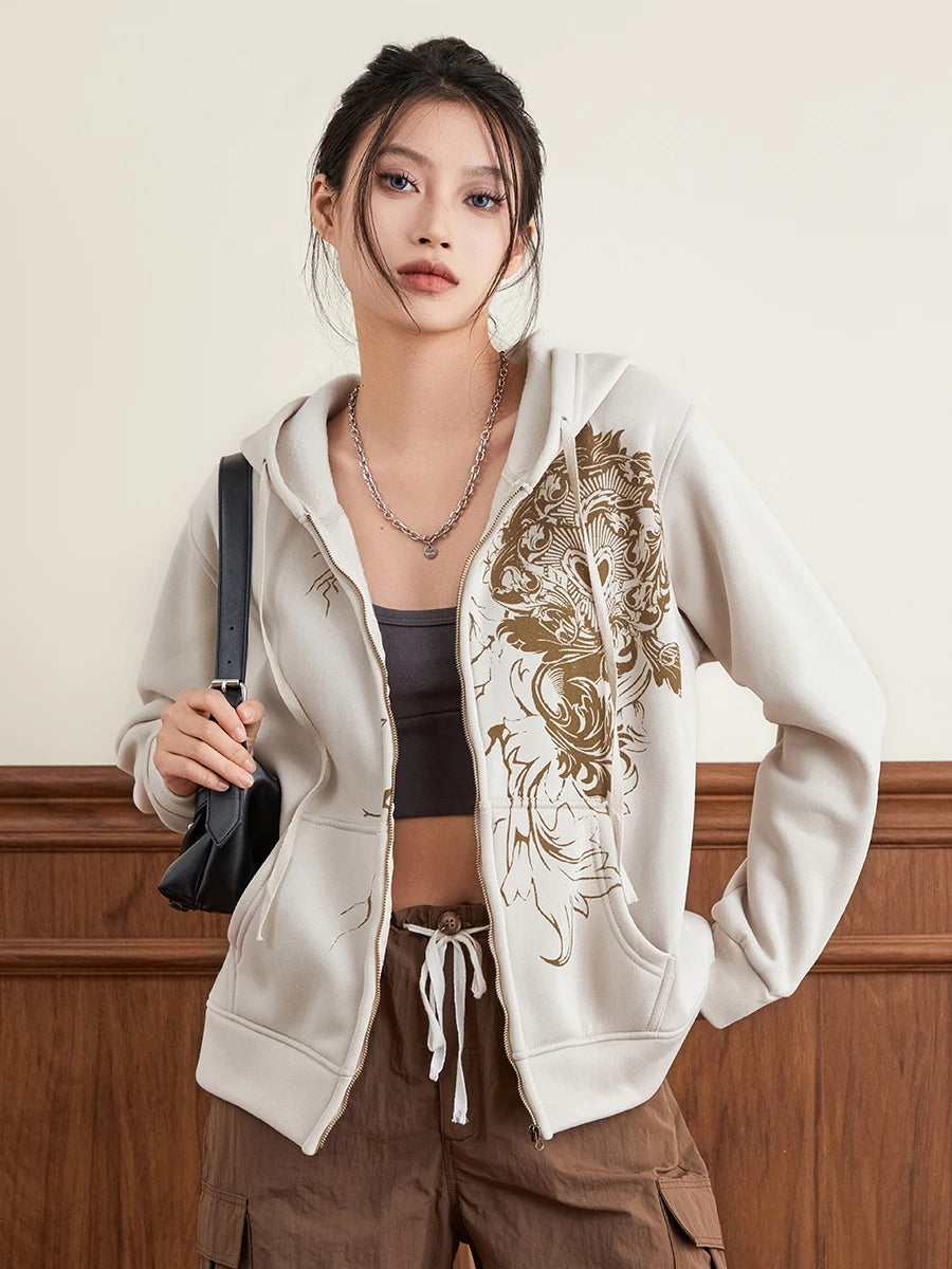 Women Hoodie Vintage Long Sleeve Graphic Print Zipper Closure Sweatshirt with Pockets