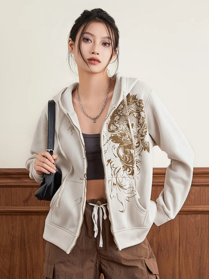 Women Hoodie Vintage Long Sleeve Graphic Print Zipper Closure Sweatshirt with Pockets