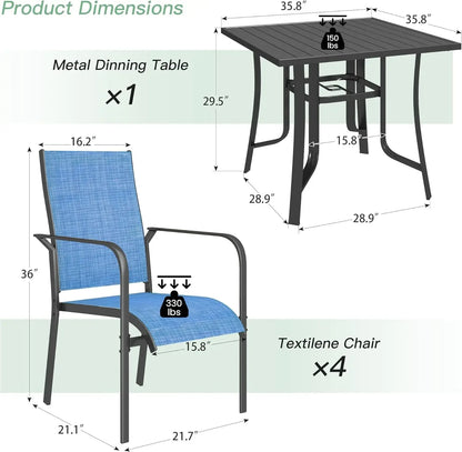 5 Pieces Patio Set, Outdoor Square Metal Dining Table with 4 Dining Chairs