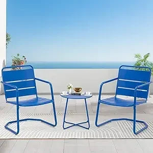 Budget-friendly 3 piece patio set, small patio furniture set - 2 c-spring metal chairs with round side table, outdoor bistro set