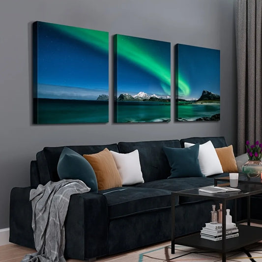 3 piece canvas mural print - Aurora Snow Mountain landscape, modern home decor,1.5 inch thick wood frame