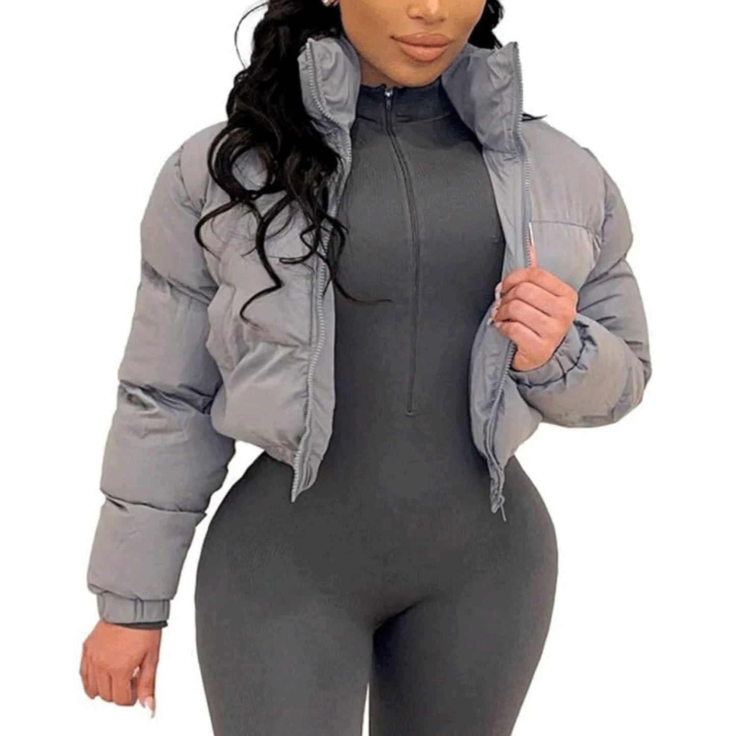 Puffer Jacket Womens Cropped Zip Casual Cotton Coat Padding Warm Jackets Winter Coats