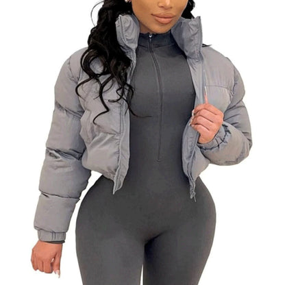 Puffer Jacket Womens Cropped Zip Casual Cotton Coat Padding Warm Jackets Winter Coats